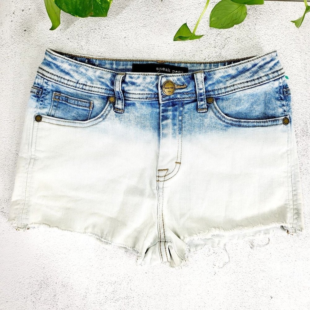 Womens Festival Shorts SMALL Blue White Acid Wash Denim Raw Hem SNEAK PEAK 26x3